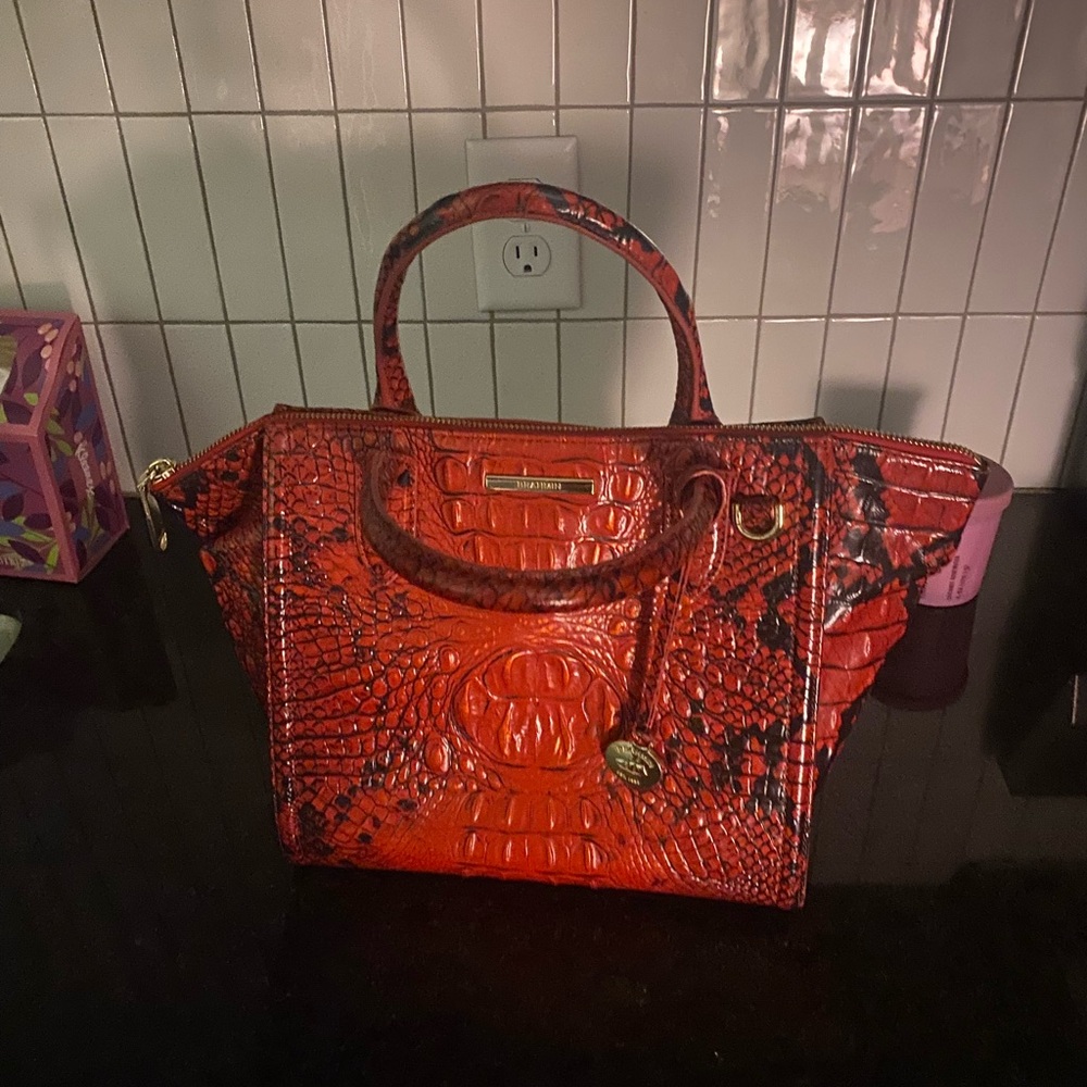Brahmin Orange-Red Croc-Embossed Satchel with Black Accents